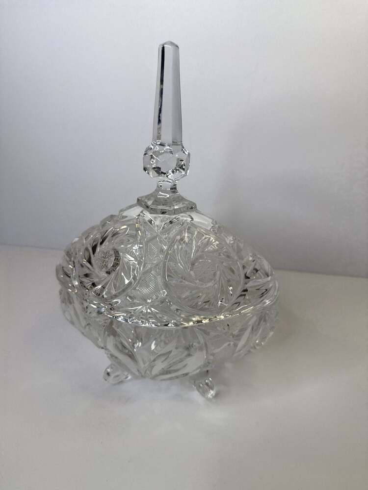 Vintage Cut Crystal Candy Dish with Lid & Pedestal Feet – 11” Tall, 9” Wide